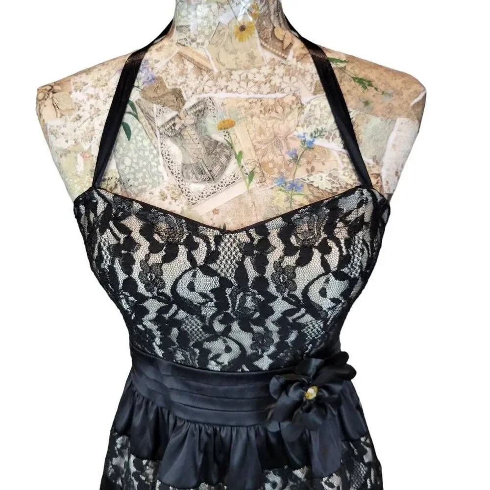Cocktail Party Evening Black Lacey Layers Satin Strapless Sweetheart Mini Dress